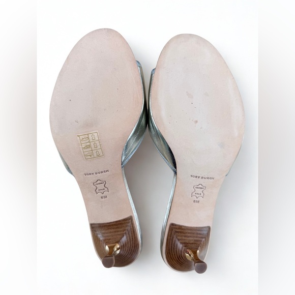 NWOT Tory Burch Silver & Gold Metallic Bow Kitten Heel Mules Size 8M w/ Dust Bag - Picture 6 of 7